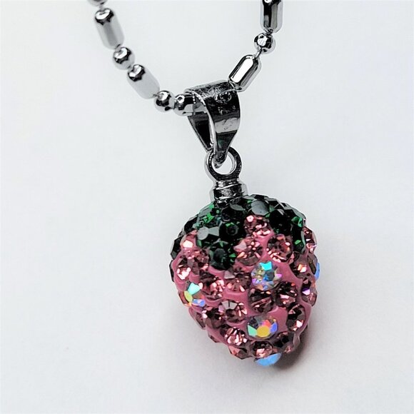 Heart Style Pink and Green Rhinestone Small Pendant Necklace - Picture 6 of 10